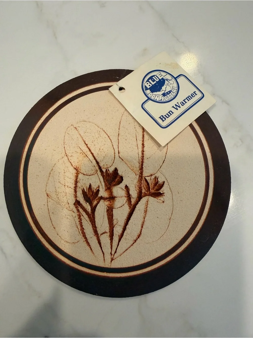 Blue Moon Bun Bread Warmer Pottery Disc 5” Hancrafted USA Pressed Flower Design